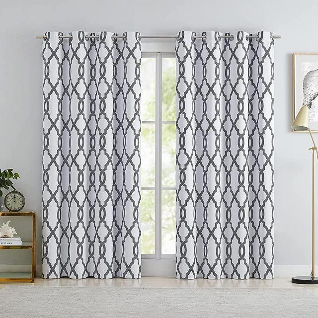 Black White 54 Inch Long Full Blackout Curtains for Bedroom, Thermal Insulated Grommet Window Treatments, Geometric Patterned Drapes 2 Panels, 52'' W