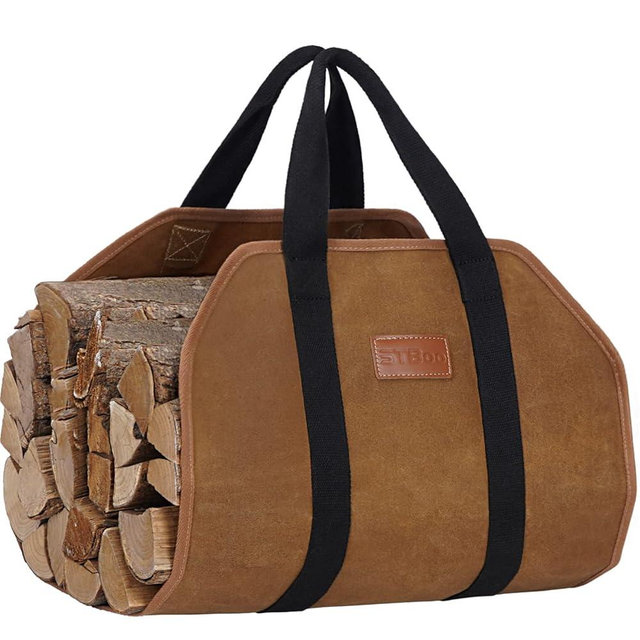 Waxed Canvas Firewood Log Carrier, Heavy Duty Sturdy Large Log Tote Bag for Fire Wood, Firepit Outdoor Camping, BBQ, Fireplace, Wood Stove Accessories,Brown