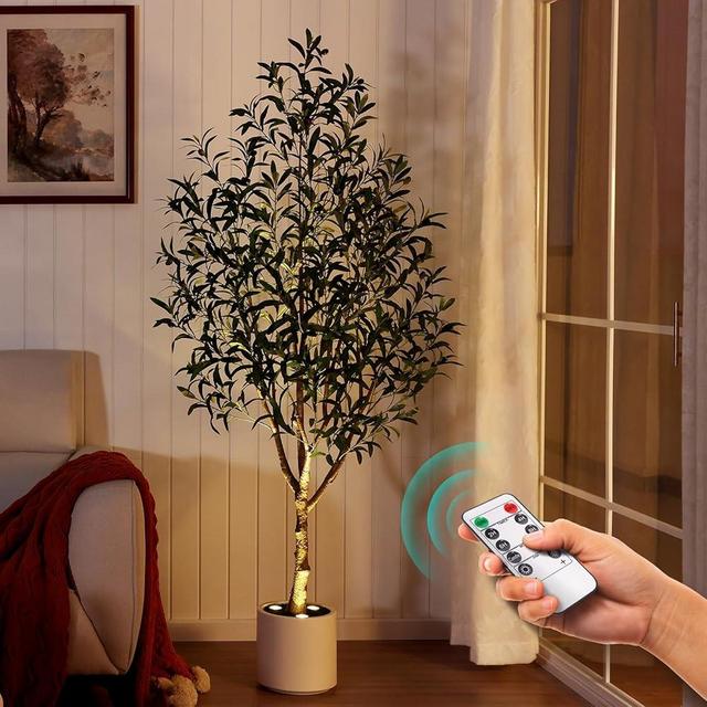 Verinatural Olive Trees Artificial Indoor 6FT - Realistic Fake Plants with Remote LED Spotlights, White Planter - Faux Olive Tree for Home Living Room Office Floor Bedroom Decor,VN214