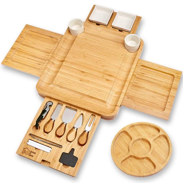 Cheese Board 2 Ceramic Bowls 2 Serving Plates. Magnetic 4 Drawers Bamboo Charcuterie Cutlery Knife Set, 2 Server Forks, Wine Opener, Labels, Markers, Gift for Birthdays, Wedding Registry,Housewarming