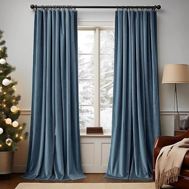 Lazzzy Velvet Curtains Blue Blackout Curtains Thermal Insulated Drapes for Bedroom Living Room Darkening 120 Inches Extra Long Window Treatments Super Soft Luxury Rod Pocket 2 Panels Dark Slate