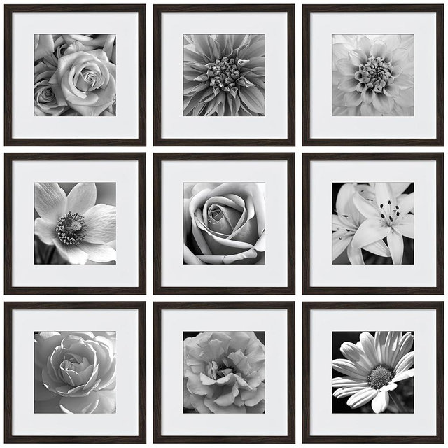 eletecpro 12x12 Picture Frames Set of 9, Farmhouse Gallery Wall Frame Set Displays 8x8 Photos with Mat or 12x12 without Mat, Photo Frames Collage Wall Decor, Beige Walnut Wood Home Decor for Hanging