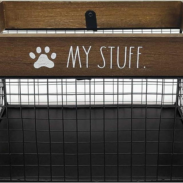 Rae Dunn Pet Toy Basket - Metal & Wood Dog & Cat Toy Storage Bin - Organizer for Leash, Blanket, Treats, Food & Accessories - Container Baskets, 9.75" x 8" x 6"