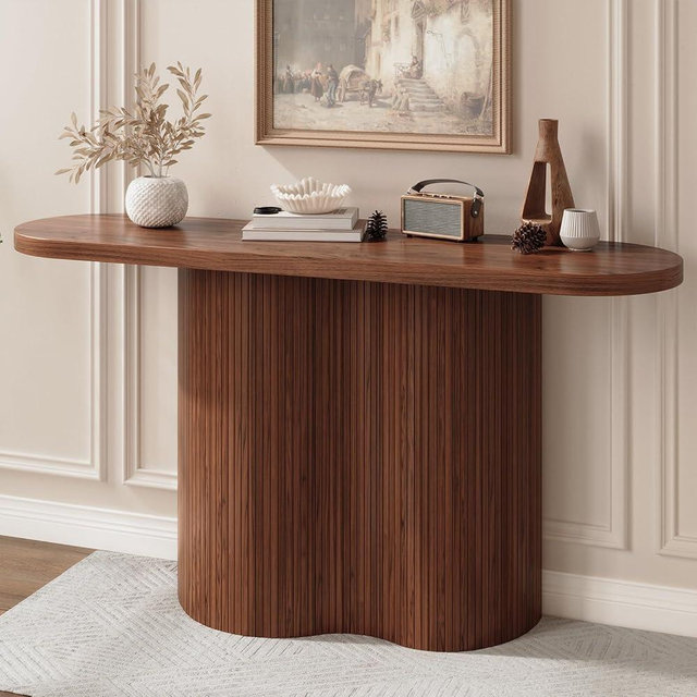 ONBRILL 57-Inch Long Entryway Table, Tambour Waterfall Design Console Table Behind Couch, Modern Wood Accent Sofa Table for Entrance, Hallway, Living Room, Walnut