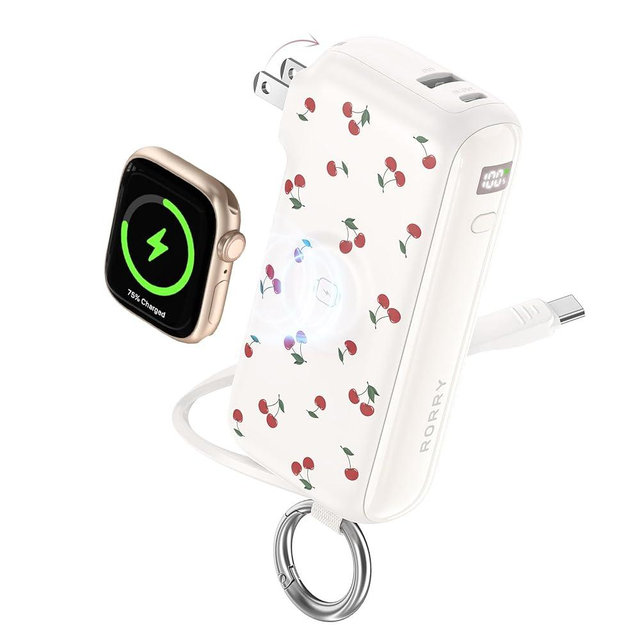 RORRY Flow Portable Charger, 10000mAh 40W Fast Charging Power Bank with Built-in USB C Cable and Foldable Wall Plug, Battery Pack Travel Essentials for iPhone 17/16/15, Apple Watch, iPad, MacBook