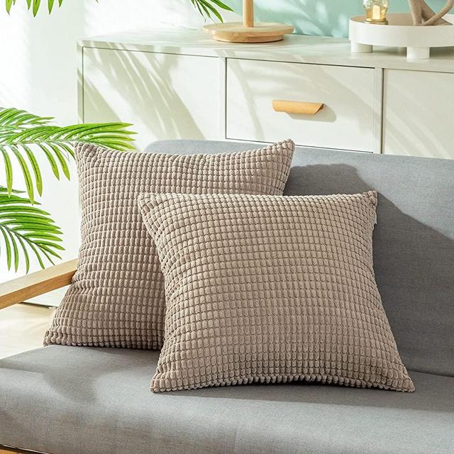 CaliTime Pack of 2 Comfy Throw Pillow Covers Cases for Couch Sofa Bed Decoration Comfortable Supersoft Corduroy Corn Striped Both Sides 16 X 16 Inches Light Taupe