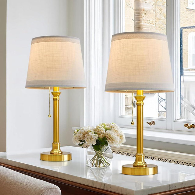 Oneach 19.5” Gold Table Lamps Set of 2, Pull Chain Switch Bedside Table Lamps, Modern Nightstand Lamp with White Linen Shade, Small Brass Lamp for Living Room, Bedroom, Home Office, Nursery