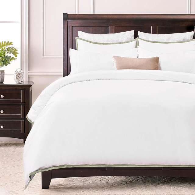 Chanasya Premium Ribbon Embroidered Duvet Set - Double Brushed Modern Traditional Microfiber Duvet Set - 1 Duvet Cover & 2 Pillow Sham - 3-Piece Set - Sage, King Size