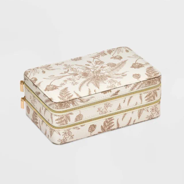 Floral Print Three Level Travel Jewelry Organizer - A New Day™ White/Brown: Cotton Storage Box, Adult Use