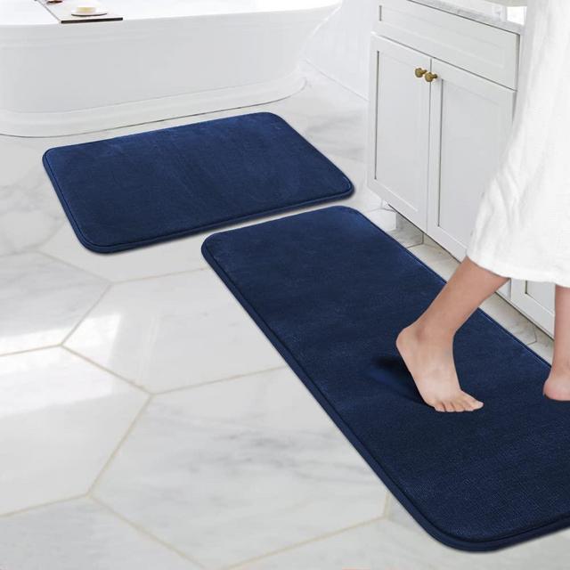 Kitchen Mat Set of 2 Memory Foam Set Bathroom Rug Set Flannel Velvety Bath Mat Luxury Extra Soft and Absorbent Non Slip Rugs for Kitchen/Bathroom Washable(47"x 17"/ 17"x 24", Navy)