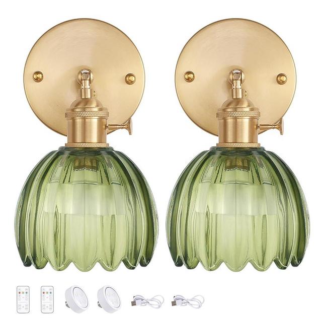 Shenmoyl Vintage Battery Operated Wall Sconce with Green Tulip Glass Lampshade Rechargeable Battery Powered Wall Light with Remote Control for Bedside Bedroom Doorway, Set of 2