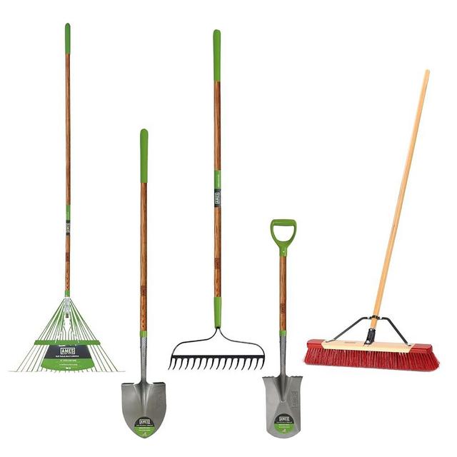 AMES 5-pc. New Homeowner Long Handle Tool Kit with Lawn Rake, Digging Shovel, Garden Rake, Border Spade, and Push Broom
