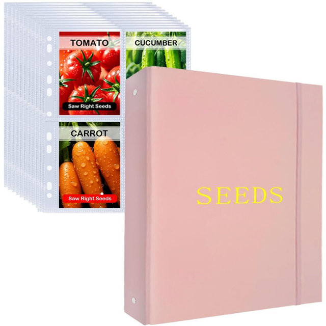 Wenscis Seed Storage Organizer Binder,3 Ring Seed Packet Organizer with 100 Pockets(25 Pack Clear Sheet Protectors), Garden Seed Holder Book for Envelopes, Seed Saving Keeper, Pink