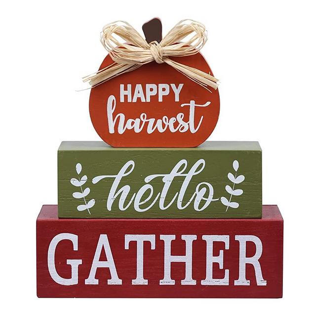 DECSPAS Thanksgiving Decorations, Large Size 3-layered Wooden Pumpkin Sign with Harvest Block Set Fall Decorations for Home, Fall Thanksgiving Decor for Living Room, Dining Table, Mantel