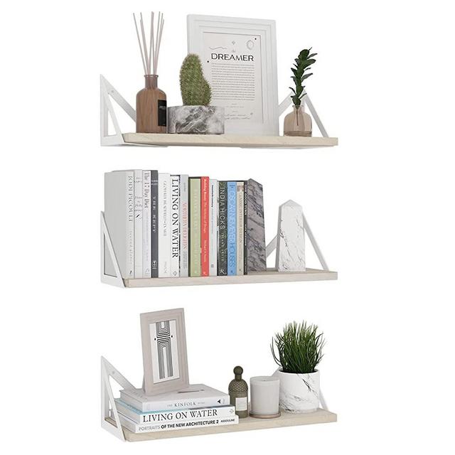 Wallniture Minori Floating Shelves for Wall Storage, Floating Bookshelf Set of 3, Natural Wood Wall Shelves with White Brackets