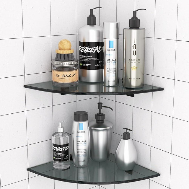 Bakzon 2-Pack Glass Shelf Shower Caddie, Shower Shelves for Inside Shower, Drilling Free Adhesive Wall Mounted Bathroom Organizer Shelves with Aluminium Brackets, Black