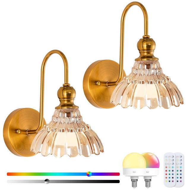 Vintage Battery Operated Wireless Wall Sconces, Rechargeable Battery with Flower Glass Shade Wall Lights,Farmhouse Vanity Lamp with Remote for Dining Room Hallway Living Room, Set of Two (Amber)