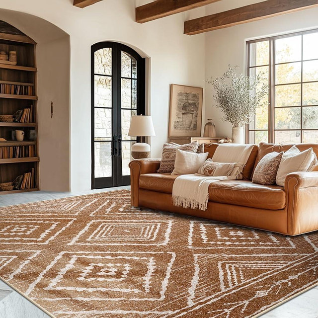 BESTSWEETIE 5x7 Area Rug Machine Washable Non-Slip Low Pile Print Pattern Western and Aztec Rug for Living Room Bedroom Entryway-Yellowbrown/Cream