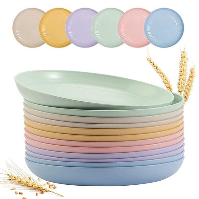 12 PACK 9 Inch Lightweight Wheat Straw Plates, Unbreakable Deep Dinner Plates, Plastic Plates Reusable, Assorted Colors Dinnerware Sets, Microwave & Dishwasher Safe