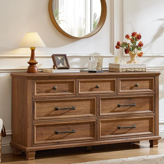 SAVOR LIFE Farmhouse 7 Drawer Dresser for Bedroom, 54” Horizontal Dressers & Chests of Drawers with Thickened Tabletop & Square Table Legs, Brown