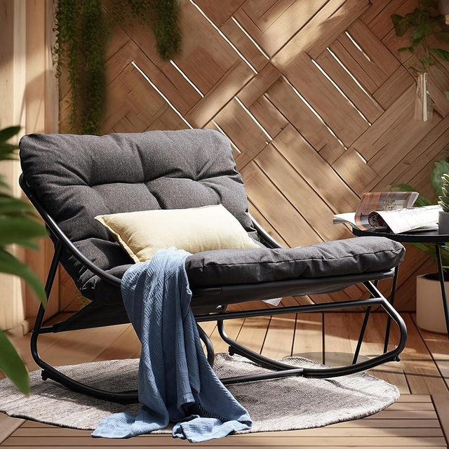 Grand patio Indoor & Outdoor Samba Steel Polyester Armless Rocking Chair with Thick Padded Tufted Cushion, Charcoal Grey