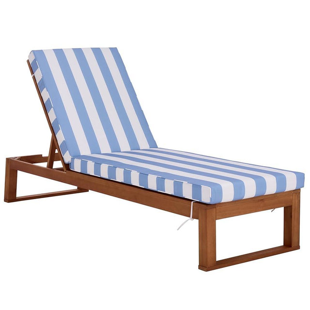 SAFAVIEH Outdoor Patio Furniture Collection - Sophie Natural Brown Solid Wood Chaise Lounge Chair, Adjustable Reclining, Baby Blue Stripe Cushion (PAT7101U)