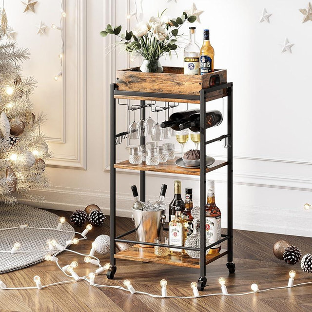 3-Tier Bar Cart with Removable Tray ,Kitchen Serving Cart with Lockable Wheels, Rolling Beverage Cart with Handle, Wine Liquor Cart with Glass Holder for Kitchen, Dining, Bedroom (Rustic Brown)GBC513R