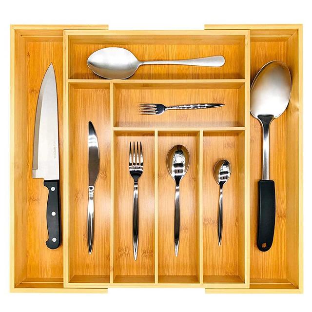 Expandable Bamboo Silverware Organizer - Sturdy Kitchen Drawer Organizer for Utensils / Flatware - 16.93 x 12.6 - 18.9 x 2.5 inches Silverware Drawer Organizer - Cutlery Organizer 