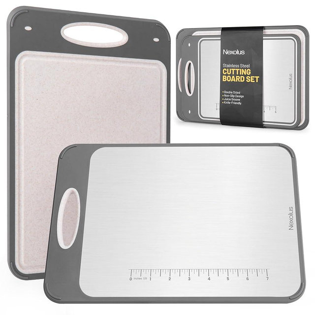 Nexolus 2 Pack Double Sided Stainless Steel Cutting Board Set - 16x11" + 14x9" - Non Slip Chopping Boards for kitchen with Deep Juice Groove, Built-In Measurement Scale, Garlic Grater, & Easy to Clean