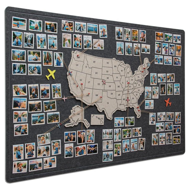 Vyvox Photo Board with USA Map, 70x45 inch Photo Display Felt Board, Personalized US Map for Travel Tracking, Best Gifts for People Who Travel (Lunar Mist)