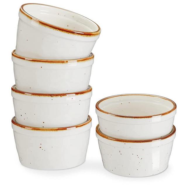 ONEMORE Ramekins 4 oz, Oven Safe Creme Brulee Ramekin Set of 6 for Baking, Ceramic Souffle Dishes for Pudding Ice Cream, Porcelain Custard Cups Mini Bowls Creamy White