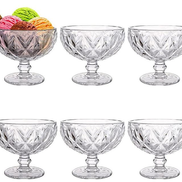 Lawei Set of 6 Glass Dessert Bowls - 10 Oz Footed Ice Cream Cups Clear Crystal Glass Serving Bowls forSundae, Dessert, Snack, Cereal, Fruit, Nuts