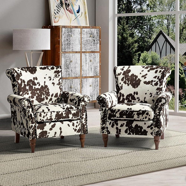 HULALA HOME Modern Wingback Accent Chairs Set of 2 with Wood Legs & Removable Cushion, Comfy Upholstered Armchairs with Nailhead Trim, Floral Pattern Sofa Chairs for Bedroom Living Room, Cowhide