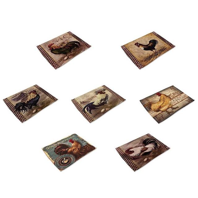 HACASO 7 Pieces Cotton Linen Placemats Oil Painting Rooster Pattern Dining Table Mats(3)