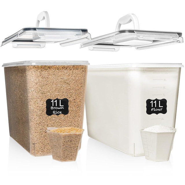 Shazo 2 PC (11L | 372 oz) Flour Sugar Storage Containers with Easy Carry Handle - Plastic Extra Large Food Storage Containers with Lids for Rice Cereal, BPA Free & Airtight Kitchen Pantry Organization