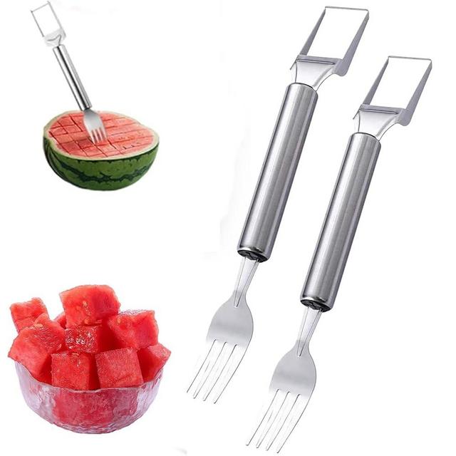 Watermelon Fork Slicer Cutter, 2025 New 2-in-1 Stainless Steel Fruit Cutter, Dual Head Fruit Forks, Summer Watermelon Cutter Slicer Tool Home Kitchen Gadgets (2 PCS)