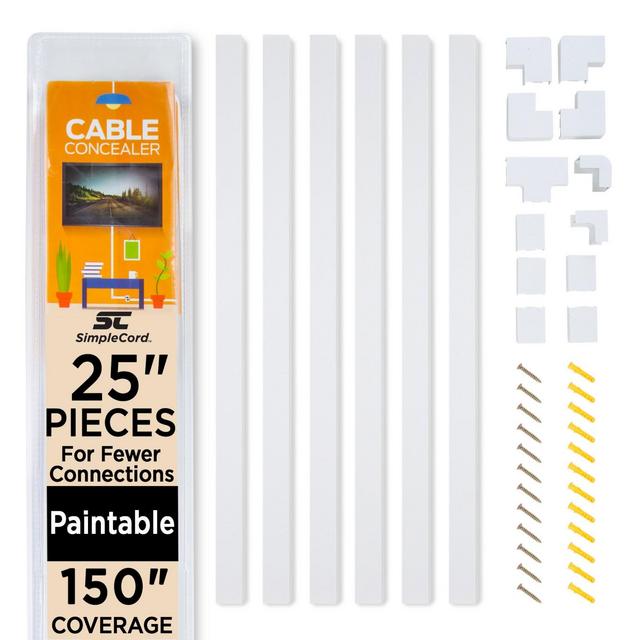 Set of Six 25-inch Cord Covers – 150-inch Total On-Wall Cable Management Kit for Wall-Mounted TV or Computer Cables by Simple Cord