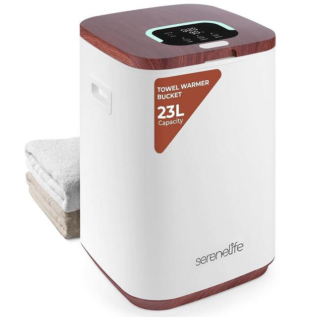 SereneLife SLTLWSQ83 Bucket-23L Capacity Hot Warmer with Timer Function, Fits Up to Two Oversized Towels for Bathroom (Wood Color)