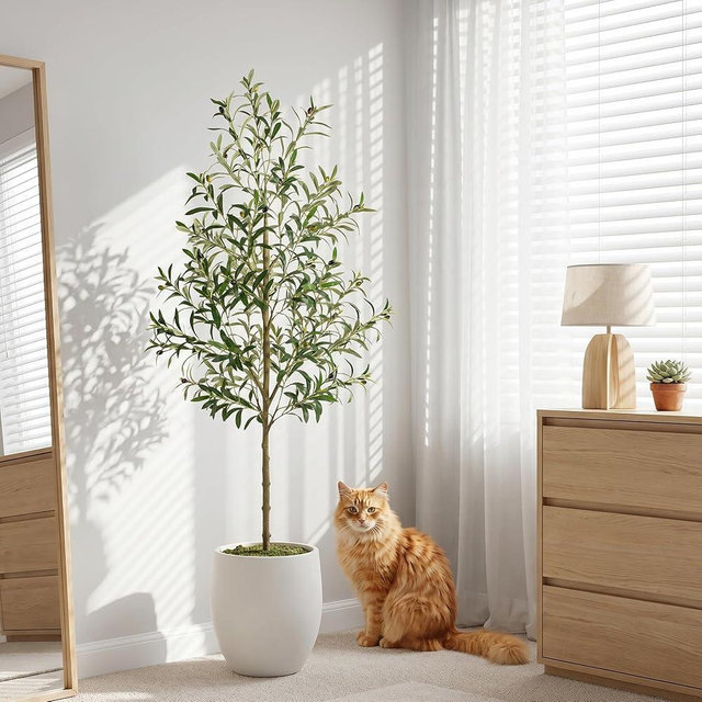 REIMUCO Fake Olive Tree - 6FT Fake Plants Indoor with Pot, Artificial Tree with Natural Olive Branches and Realistic Leaves, Silk Faux Trees for Modern Home Living Room Office Decor