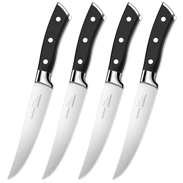 OAKSWARE Steak Knives, Non Serrated Steak Knife Set of 4, 4.5 Inch German Steel Steak Knife Set, 4 Pieces Professional Straight Edge Kitchen Table Dinner Knives - Full Tang Ergonomic Handle