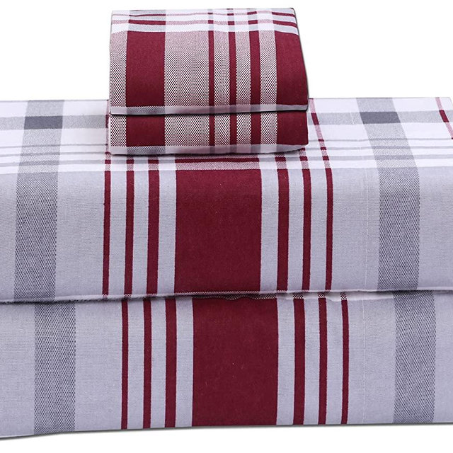 Ruvanti 100% Cotton 4 Pcs Flannel Sheets Grey Maroon Plaid King Sheets, Deep Pocket, Warm, Super Soft, Breathable Moisture Wicking Bed Sheet Set Include 1 Flat Sheet, 1 Fitted Sheet, 2 Pillowcases.