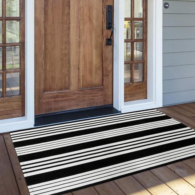 OJIA Cotton Black and White Striped Rug 24'' x 51''Hand-Woven Indoor/Outdoor Area Rug Layered Door Mats for Front Porch/Entryway/Laundry Room/ Bedroom/Outdoor