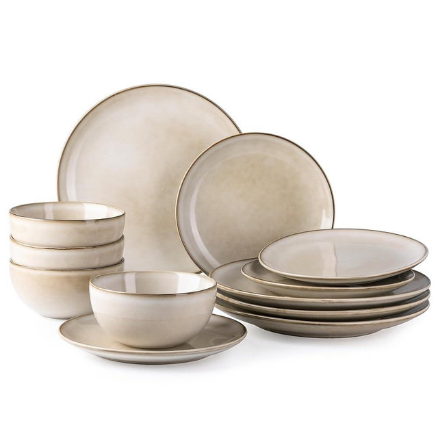 GBHOME Ceramic Dinnerware Sets for 4, 12 Pieces Stoneware Plates and Bowls Sets, Reactive Glaze Dishes -Scratch Resistant, Dishwasher&Microwave Safe-Cappuccino