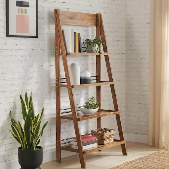 68 in. Tall 4-tier Ladder Bookshelf, Bookcase with X-Back Frame, Solid Wood and Metal, Walnut