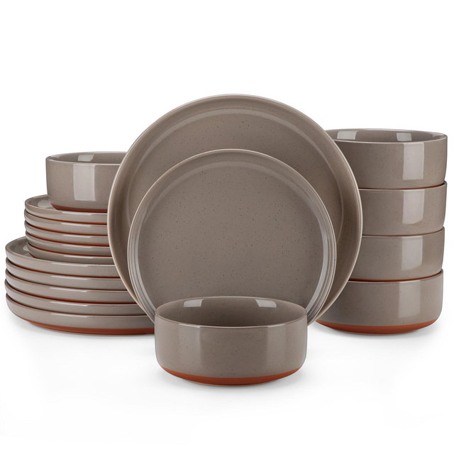 vancasso 18 Piece Porcelain Dinnerware Set With Curved Edge Sesame Glaze,Brown Surface Khaki Plate Bottom,With 6 Dinner /Dessert plates/Cereal bowls