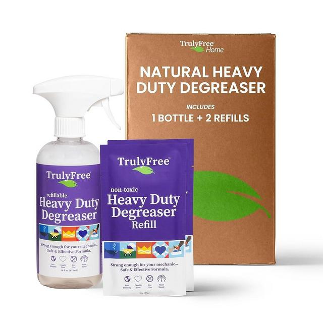 Truly Free Heavy Duty Degreaser- Grease Remover & Grime Cleaner for Kitchen, Automotive & More, Household Cleaning Supplies, Fragrance-Free, Includes 16 oz Reusable Empty Bottle & 2 Refills (4 oz)