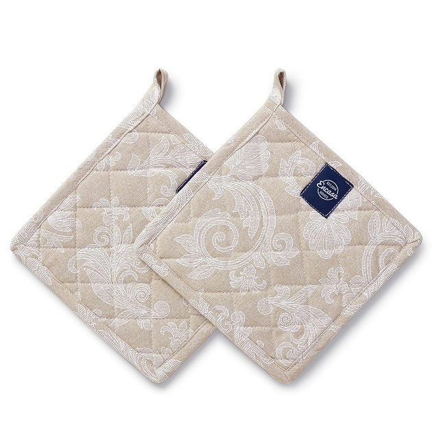 Pot Holders for Kitchen | Heat Resistant Pads | Set of 2 | Hot Dish Holder Sets | 8x8 in |for Cooking, Baking, Grilling, Microwave & BBQ, Chambray Beige by Encasa XO