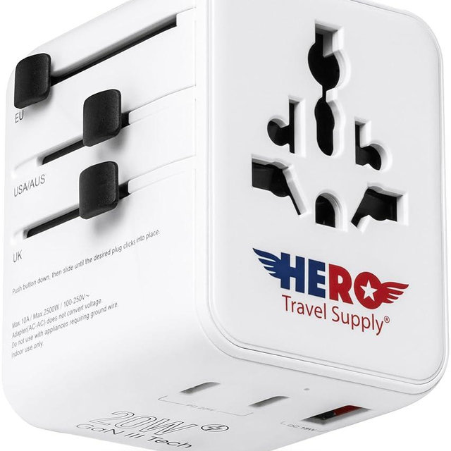 Hero International Travel Power Adapter – Universal Plug for Europe, UK, US, Asia, AUS, 100+ Countries | 2 USB-C & 1 USB-A