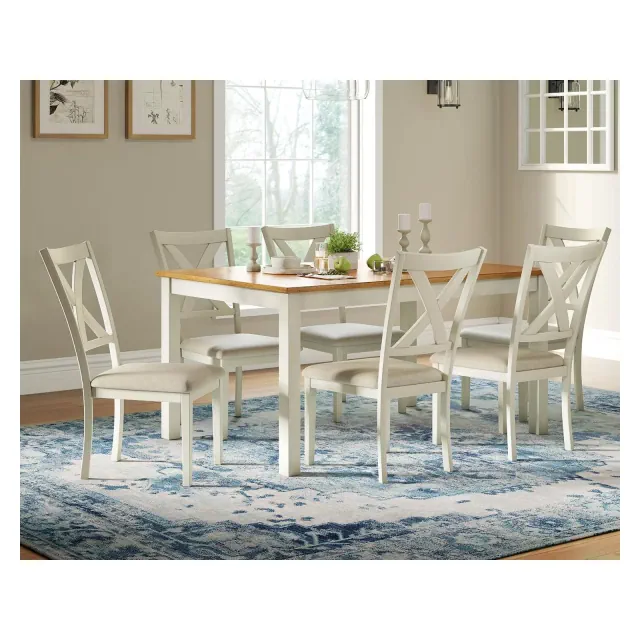 AMERLIFE 60" Space Saving 7-Piece Farmhouse Solid Wood Dining Table Set with 6 Upholstered Chairs, Brown & White