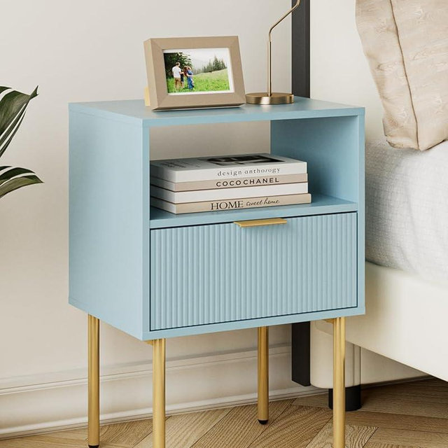 Aienvey Night Stand, Modern Nightstand with Drawers, Bedside Table, Gold Small Side Table for Bedroom, Living Room End Table (Blue Stripe, 1 Drawer)